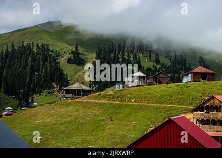 Célèbre station de montagne géorgienne Bakhmaro en été avec vue sur les vieux bâtiments Banque D'Images