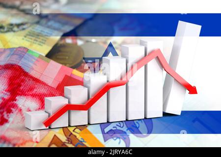 Graphique économique - flèche vers le bas, billets Shekel Cash et drapeau israélien (argent, finances, affaires, inflation, crise) Banque D'Images