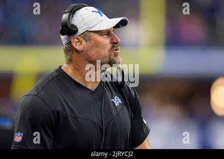 20 août 2022 : Dan Campbell, entraîneur-chef des Lions de Détroit, lors de la rencontre de la NFL entre les Lions de Détroit et les Colts d'Indianapolis au stade Lucas Oil d'Indianapolis, Indiana. Detroit défait Indianapolis 27-26. John Mersiits/CSM. Banque D'Images