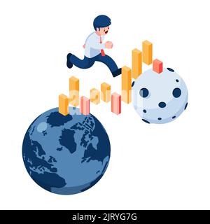 Plat 3D Isométrique homme d'affaires marchant sur le graphique tendance du monde à la Lune. Concept financier et d'investissement. Illustration de Vecteur