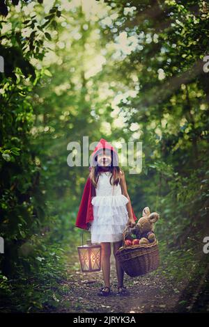 Je vous rends visite à Grandma dans les bois. Une petite fille tenant une lanterne et un panier dans les bois. Banque D'Images