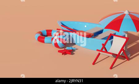 Le 3D bateau rendu, parapluie, et chaise pliable sur le sable - un concept de vacances à la plage Banque D'Images