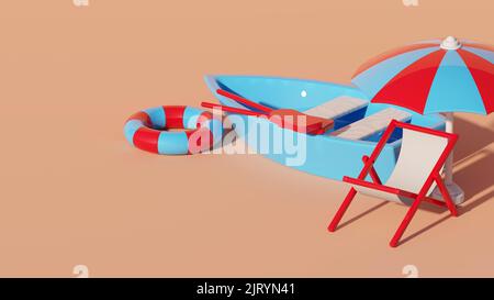 Le 3D bateau rendu, parapluie, et chaise pliable sur le sable - un concept de vacances à la plage Banque D'Images