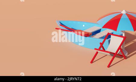 Le 3D bateau rendu, parapluie, et chaise pliable sur le sable - concept de plage Banque D'Images