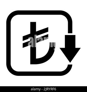 Réduction des coûts - diminution de l'icône de la lire turque. Symbole vectoriel isolé sur fond . Illustration de Vecteur