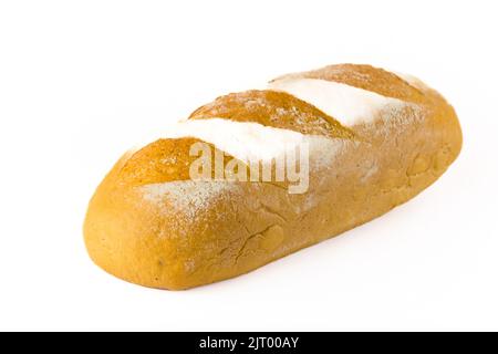 Grand pain de pain blanc sain directement de la boulangerie avec de belles formes traditionnelles de farine sur le dessus. Isolé sur fond blanc tourné en studio. Photo de haute qualité Banque D'Images