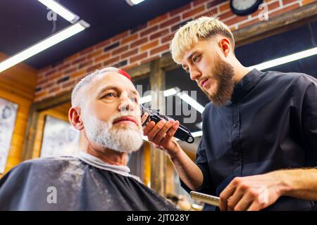 un maître tendance et élégant coupe les cheveux du client de l'homme ancien dans un salon de coiffure moderne Banque D'Images