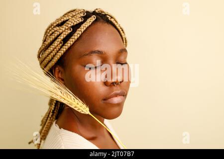 Femme afro-américaine avec des tresses et des plantes de blé Banque D'Images