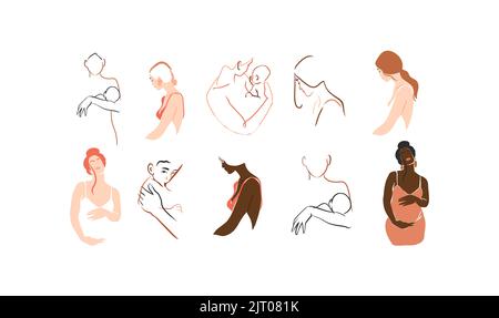Dessin à la main vecteur résumé stock graphique art contemporain ligne, esthétique mode illustrations collection ensemble avec belle femme enceinte moderne Illustration de Vecteur
