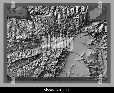 Parwan, province d'Afghanistan. Carte d'altitude à deux niveaux avec lacs et rivières. Lieux et noms des principales villes de la région. Emplacement auxiliaire du coin Banque D'Images