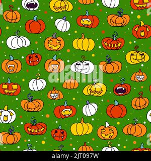 Motif citrouille orange sans coutures halloween. Visage drôle, créepy et souriant sur fond de point vert. Personnage Doodle automne. Symbole Halloween heureux Illustration de Vecteur
