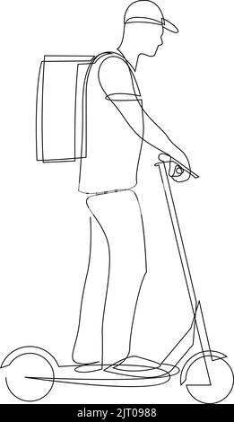 Dessin de ligne continu du scooter de conduite de l'homme de livraison. Un vecteur de dessin au trait Illustration de Vecteur