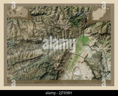 Parwan, province d'Afghanistan. Carte satellite haute résolution. Lieux des principales villes de la région. Cartes d'emplacement auxiliaire d'angle Banque D'Images