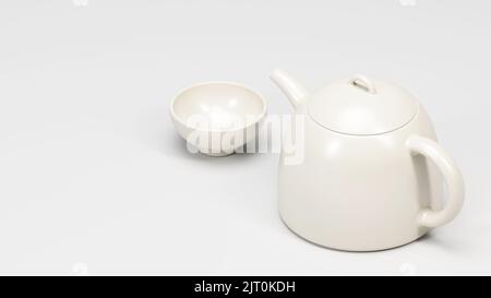 La vue en grand angle de la poterie blanche de la théière et de la tasse Banque D'Images
