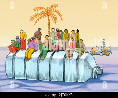 Les Castaways affluent vers une île qui est une bouteille en plastique que le monde dans la distance est en train de disparaître le concept d'arrêt de la pollution en plastique, le réchauffement de la planète Banque D'Images