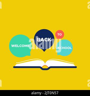 Bienvenue à la bannière de la place de l'école. Livre ouvert avec du texte sur des bulles de parole. Concept de l'éducation, de la connaissance, de l'imagination. Illustration vectorielle, plat d Illustration de Vecteur