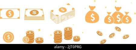 Un ensemble de billets et de pièces en dollars américains sur fond blanc, le concept monétaire Illustration de Vecteur