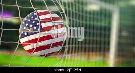 Ballon de football avec drapeau des Etats-Unis dans le net de but du stade de football. Championnat de football américain concept. 3d illustration Banque D'Images