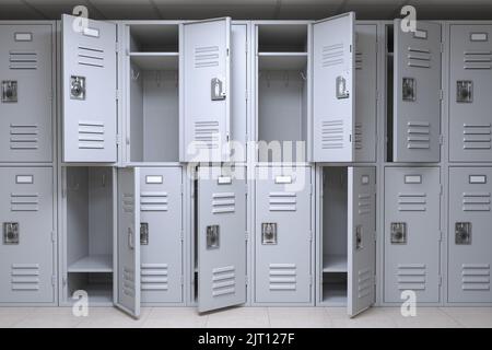 Vestiaire d'école ou de salle de gym avec portes ouvertes et fermées. 3d illustration Banque D'Images
