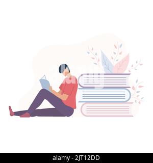 Homme assis sur le sol et lisant un livre. Vecteur et illustration. Illustration de Vecteur