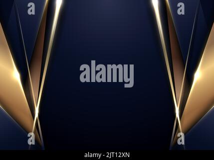 Modèle abstrait bannière web design de luxe style rayures métalliques bleues et dorées avec lignes dorées et effet d'éclairage sur fond bleu foncé. VVecto Illustration de Vecteur