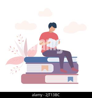 Homme assis sur une pile de livres. Vecteur et illustration. Illustration de Vecteur