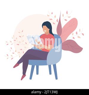 Femme assise sur une chaise et lisant un livre. Vecteur et illustration. Illustration de Vecteur