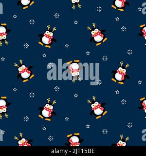 Motif pingouins de Noël sans coutures. Fond bleu avec neige et bonhomme de neige Illustration de Vecteur