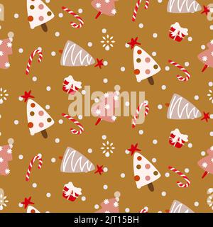 Motif rose moutarde sans couture pour les arbres de Noël. Papier d'emballage de Noël avec fond de neige et cadeaux. Illustration de Vecteur