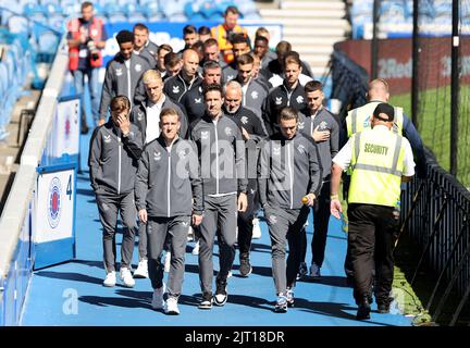 Les Rangers arrivent pour le match Cinch Premiership au stade Ibrox, à Glasgow. Date de la photo: Samedi 27 août 2022. Banque D'Images