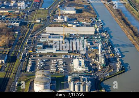 Vue aérienne, zone industrielle port avec Lanfer Logistik au canal de Datteln-Hamm dans le district de Herringen, Hamm, région de la Ruhr, Rhénanie-du-Nord-Westphalie, Allemagne Banque D'Images