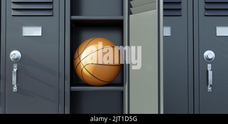 Basket-ball dans un casier ouvert de la salle de gym. Changement d'espace pour les athlètes de basket-ball. Placard en métal gris pour étudiants, gros plan. 3d rendu Banque D'Images