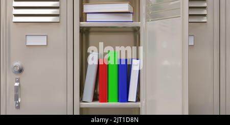 Casier de salle de gym de l'école. Livres dans un cabinet d'étudiant ouvert. Salle de gym beige couleur placard en métal, gros plan. 3d rendu Banque D'Images