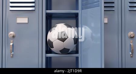 Ballon de football dans un casier ouvert de la salle de sport. Les athlètes de football changent de place. Placard en métal bleu pour étudiants, gros plan. 3d rendu Banque D'Images