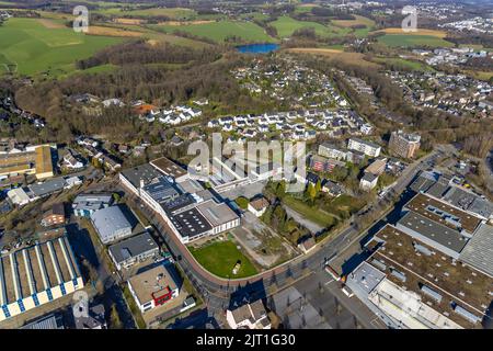 Vue aérienne, zone industrielle Parkstraße à Hetterscheidt, Heiligenhaus, région de la Ruhr, Rhénanie-du-Nord-Westphalie, Allemagne, DE, Europe, entreprises commerciales Banque D'Images