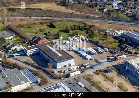 Vue aérienne, zone industrielle Hetterscheidt sud-est, Humboldtstraße à Hetterscheidt, Heiligenhaus, région de la Ruhr, Rhénanie-du-Nord-Westphalie, Allemagne, DE, Banque D'Images