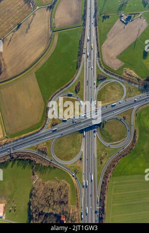 Photo aérienne, autoroute jonction Lotte / Osnabrück, autoroute A1 et autoroute A30, Lotte, pays de Tecklenburger, Rhénanie-du-Nord-Westphalie, Allemagne, autoroute, fre Banque D'Images