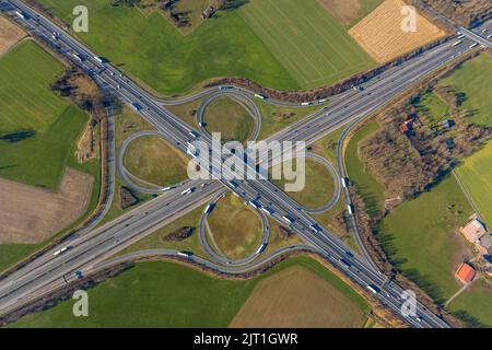 Photo aérienne, autoroute jonction Lotte / Osnabrück, autoroute A1 et autoroute A30, Lotte, pays de Tecklenburger, Rhénanie-du-Nord-Westphalie, Allemagne, autoroute, fre Banque D'Images