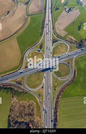 Photo aérienne, autoroute jonction Lotte / Osnabrück, autoroute A1 et autoroute A30, Lotte, pays de Tecklenburger, Rhénanie-du-Nord-Westphalie, Allemagne, autoroute, fre Banque D'Images