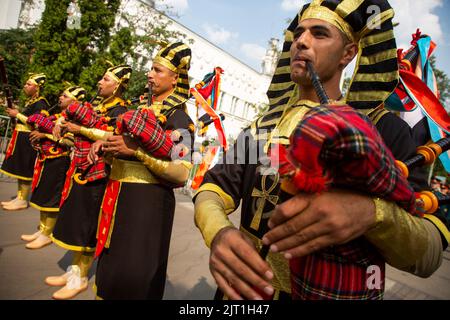 Moscou, Russie. 27th août 2022. Le groupe symphonique militaire égyptien participe au défilé du Festival international de musique militaire de la Tour Spasskaya 2022 au centre d'exposition VDNKh de Moscou, en Russie Banque D'Images