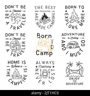 Ensemble de badges de camping style artistique minimaliste avec différentes citations. Emblèmes linéaires de voyage. Étiquettes Silhouette de randonnée. Impressions vectorielles Illustration de Vecteur