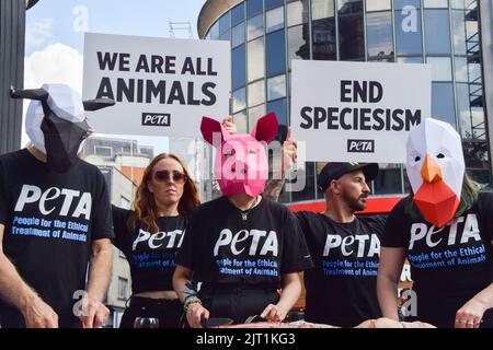 Londres, Royaume-Uni. 27th août 2022. Les activistes PETA (People for the Ethical Treatment of Animals) portent des masques pour animaux et tiennent des pancartes « End specesism » et « We are all Animals » lors de la manifestation à Leicester Square. L'action, marquant la Journée mondiale pour la fin du spéciéisme, fait partie de la campagne en cours du PETA pour mettre fin au spéciéisme et encourager les gens à aller végétalien. Crédit : SOPA Images Limited/Alamy Live News Banque D'Images