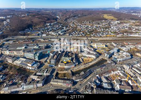 Vue aérienne, gare centrale de Siegen avec gare routière de ZOB et roundhouse sur la route fédérale B54, City-Galerie, Sieg Carre, Siegen-Kernband, Siegen, Sauer Banque D'Images