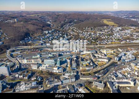 Vue aérienne, gare centrale de Siegen avec gare routière de ZOB et roundhouse sur la route fédérale B54, City-Galerie, Sieg Carre, Siegen-Kernband, Siegen, Sauer Banque D'Images