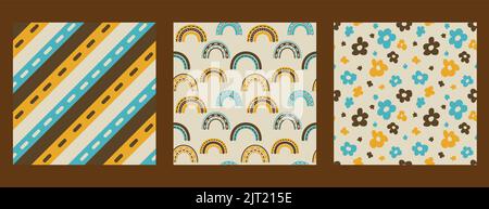 Ensemble de 1970 motifs vectoriels fluides groovy en arrière-plan. Papier peint abstrait rétro chaleureux, 70s arc-en-ciel, fleur de pâquerette, rayures Illustration de Vecteur