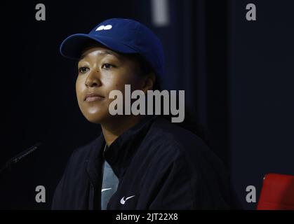 Flushing Meadow, États-Unis. 27th août 2022. Naomi Osaka s'adresse aux médias lors des championnats américains de tennis 2022 au Centre national de tennis de l'USTA Billie Jean King, samedi, à 27 août 2022, à New York. Photo de John Angelillo/UPI crédit: UPI/Alay Live News Banque D'Images