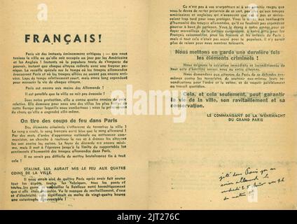 Tract allemand 25 aout 1944 - libération de Paris. Banque D'Images