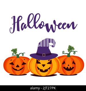 Halloween citrouilles souriantes adorables icône vectorielle. Symbole de vacances d'automne d'horreur isolé sur fond blanc. Motif de citrouille effrayant, chapeau de sorcière Illustration de Vecteur