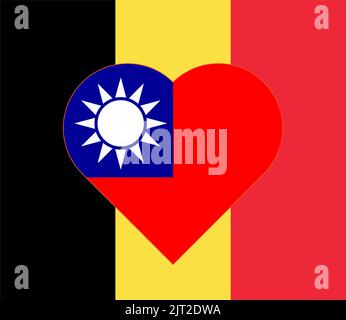 Drapeau de Taïwan sous la forme d'un coeur sur le drapeau de la Belgique. Soutien allié à Taiwan. Double drapeau plat - illustration. Banque D'Images