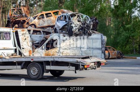 Beaucoup de vieilles voitures prêtes pour le recyclage. Retrait de la voiture par un chariot de remorquage. Les voitures endommagées attendent dans un chantier pour être recyclées ou utilisées pour des pièces. Le processus Banque D'Images